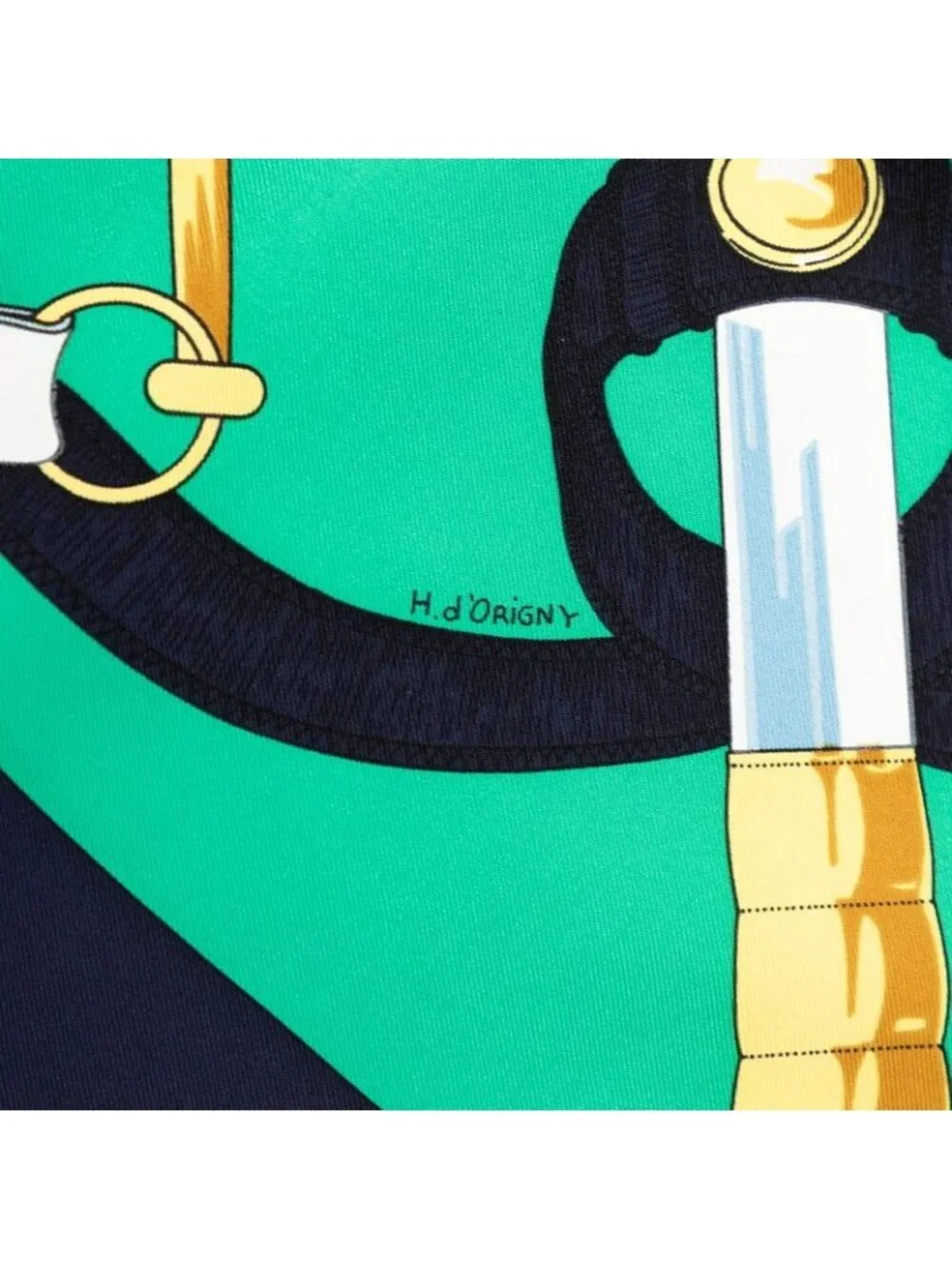 Hermes Carre 90 Apron D'or Yellow Gold Spurs Scarf Green Navy Silk